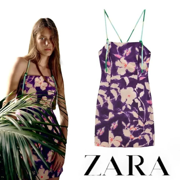 ZARA | Purple | FLORAL LINEN BLEND DRESS - Picture 1 of 4